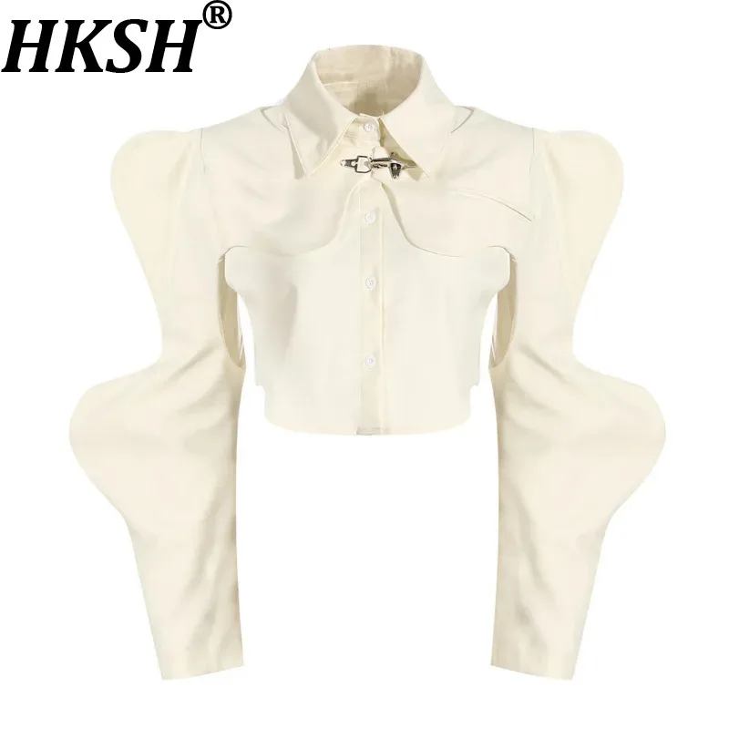 

HKSH Women Shirt Two-piece Niche Design Shawl Pleated Long Sleeve Blouse Turn-down Collar Sleeveless Single Breasted Top HK11211
