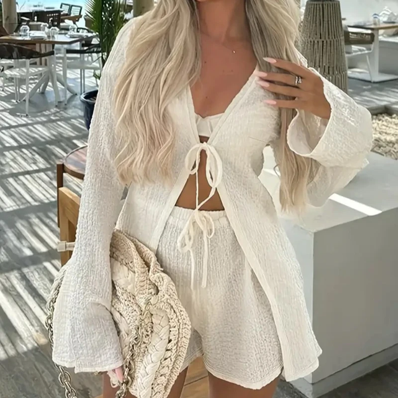 Spring Summer European American Women's Clothing Vacation Style Loose Suit Lace-up Top Elastic Waist Shorts Two-piece Set