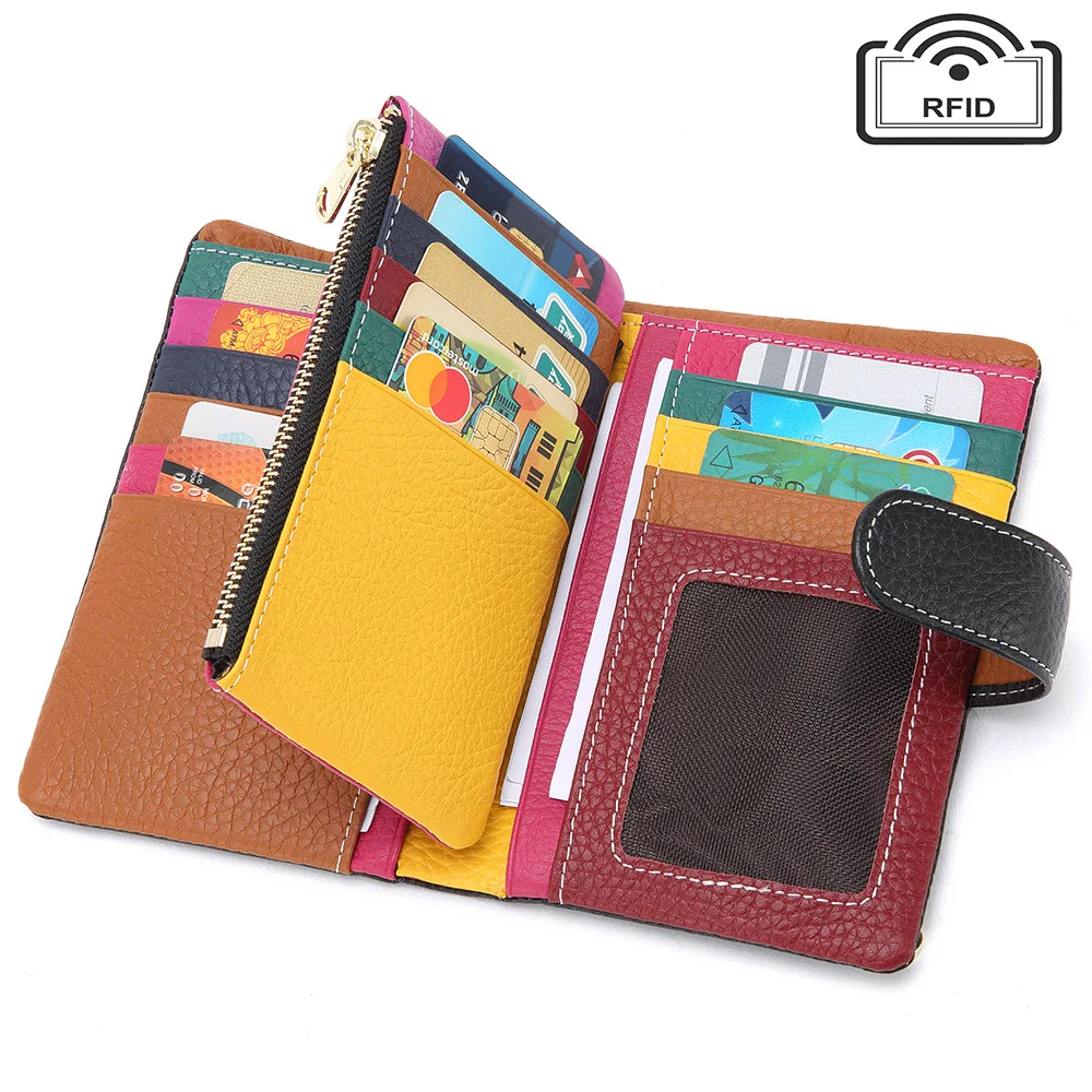 rfid-blocking-cowhide-leather-multi-cards-rainbow-short-women-wallet-large-capacity-coin-purse-for-ladies