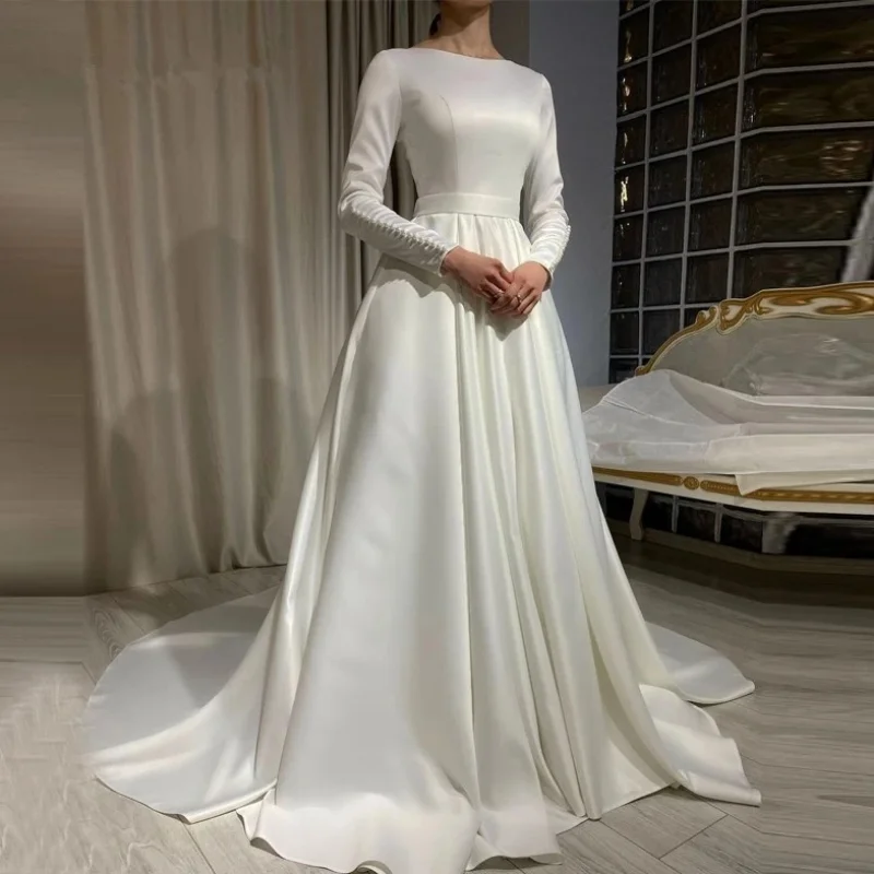 

Wholesale White Long Sleeves Satin Woman Elegant Wedding Dresses 2023 Bridal Gowns Vestidos De Novia