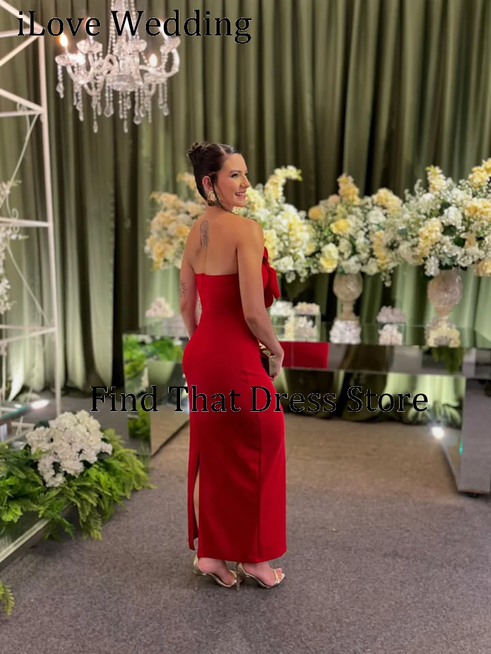 Modern Red Boat Collar Ankle Length Slit Back Evening Dress Sheath Bridesmaid Party Gown Custom Made with Flowers Vestidos de