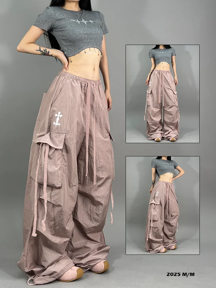 Luźne spodnie damskie w stylu jazzowym, streetwear, do pracy, amerykańskie, codzienne, asymetryczny krój, wygodny materiał nylonowy.