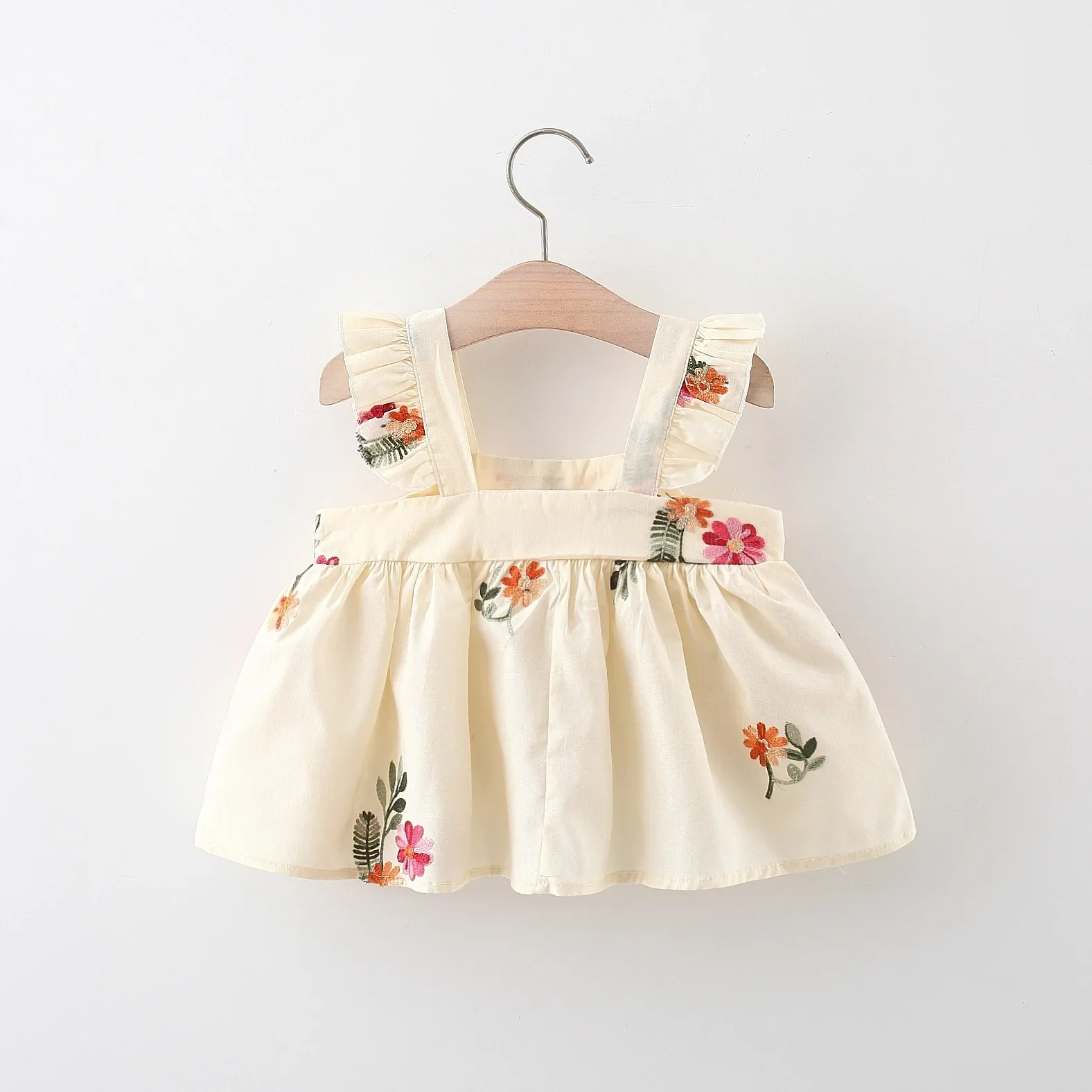 Summer New Girls Dress Halter Small Flying Sleeve Flower Embroidery Full Print A-line Dress Sweet Princess Dress Birthday Party