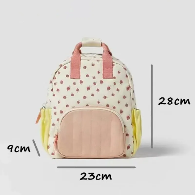 Cotton Canvas Dopamine Strawberry Print Color Matching Cute Children's Backpack Bag for Boys and Girls School Travel