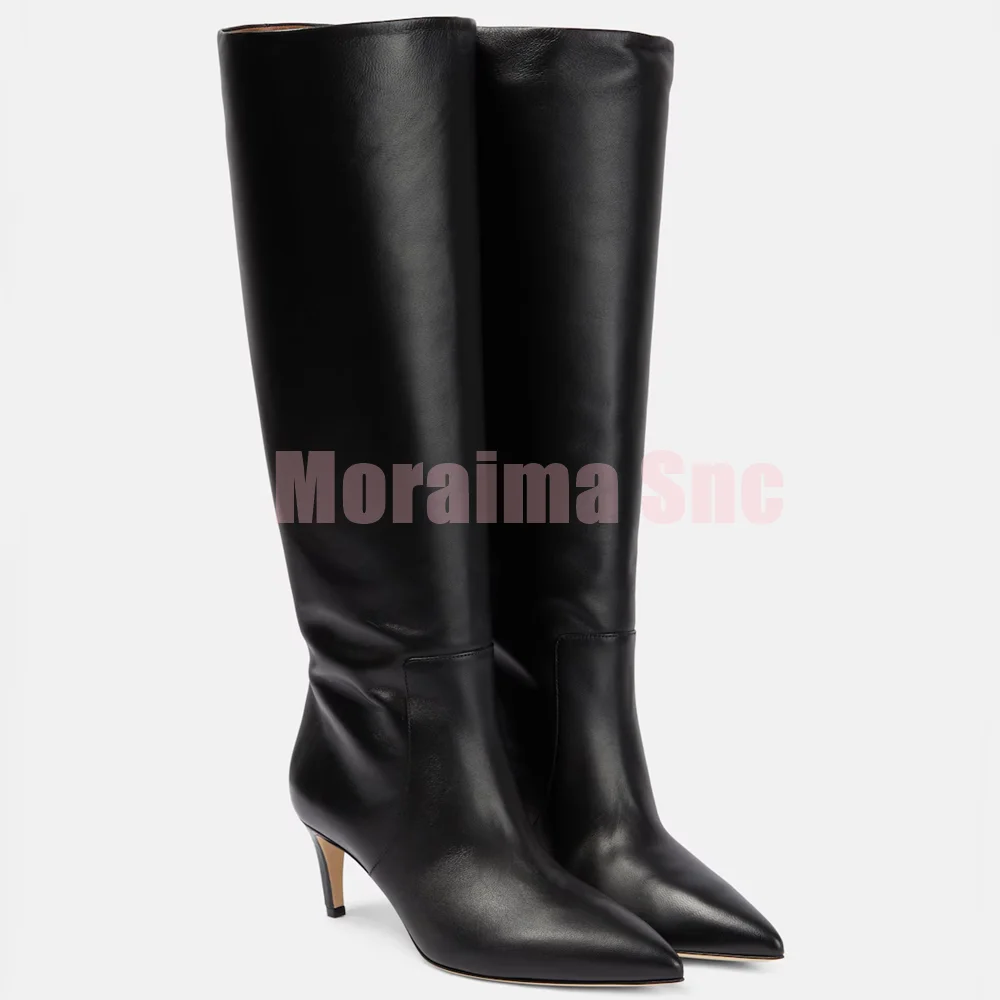 

Fashion New Pointed Toe Leather Long Boots Stiletto Mid Heel Slip On Concise Style Women's Knee High Boots Autumn Winter 2026