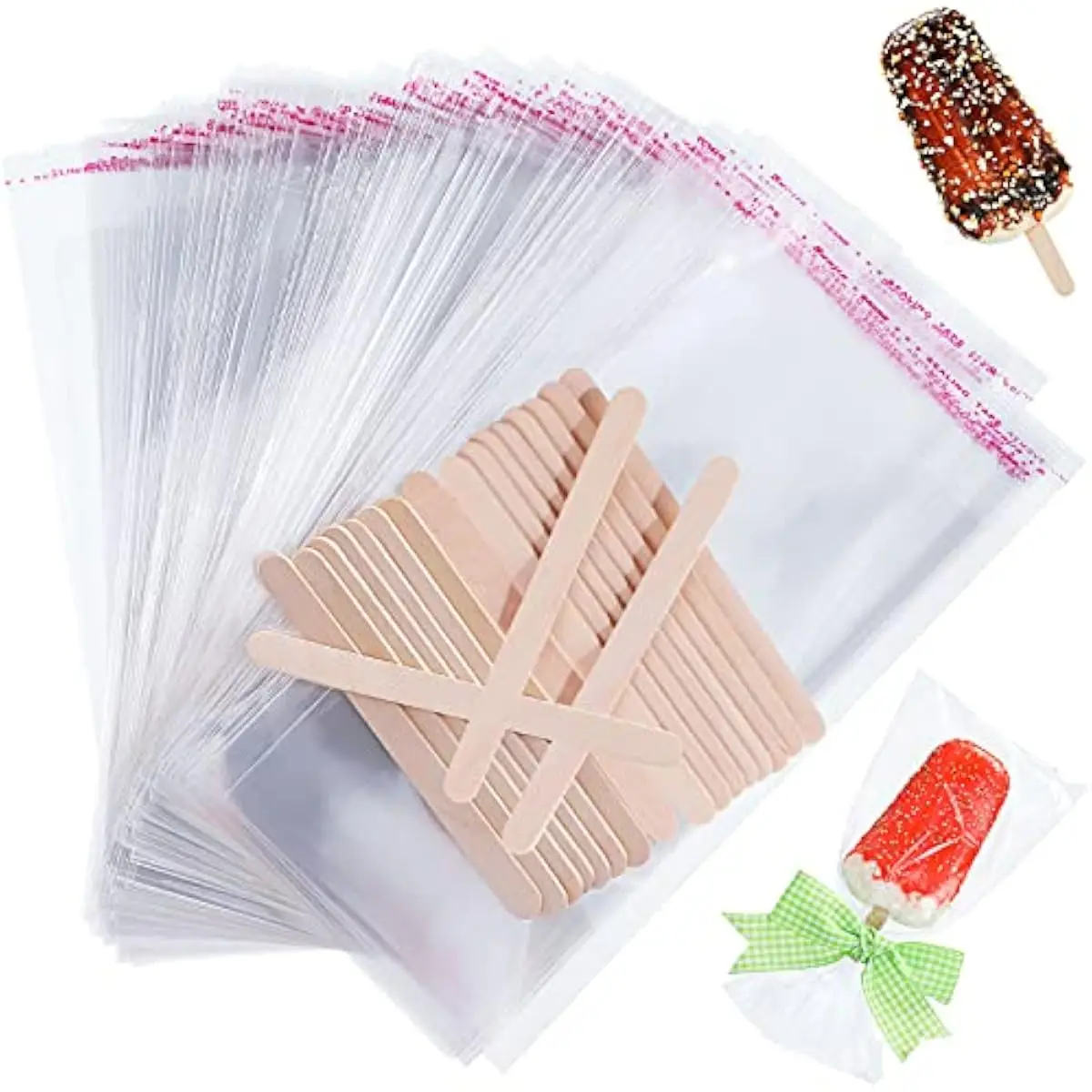 300 Pcs Ice Lolly Sticks and Clear Self-adhesive Plastic Bags Set