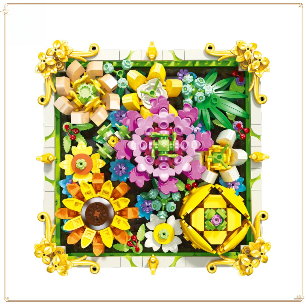 Floating Light Early Summer Heart of The Ocean Chrysanthemum Blue Rose Picture Frame Building Block Model Assembling Toys Gift