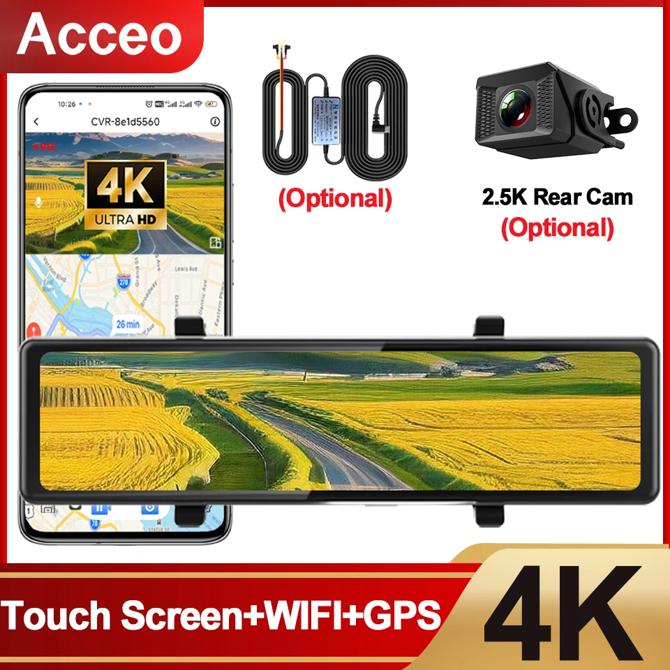 4K Mirror Driving Recorder WiFi Smart Rearview Mirror Optional 2.5K Rear Camera Support GPS Parking Mode Car DVR for Car Truck
