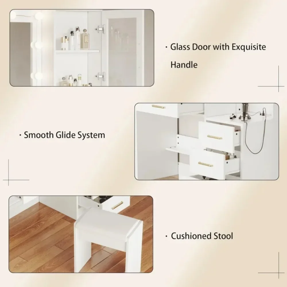 58.3" Vanity Desk with Mirror & Lights, Makeup Vanity with 10 LED Lights, 8 Metal Sliding Drawers & 2 Cabinets, White Vanity Set image 4