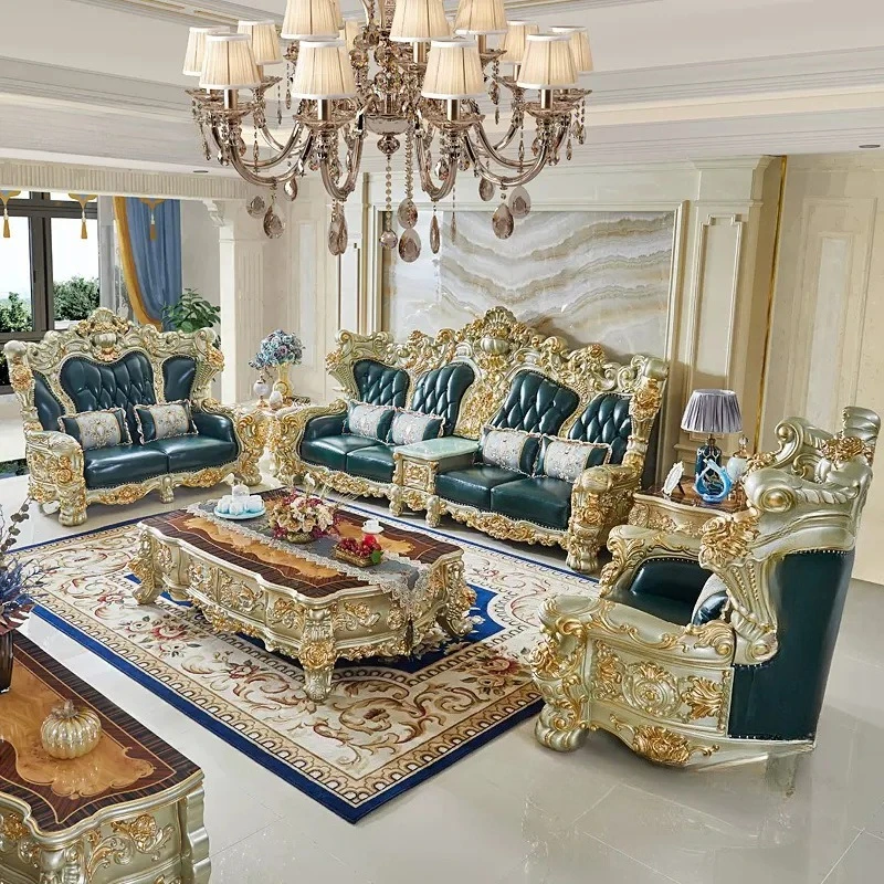 

European-style leather sofa combination solid wood double-sided carved first-layer cowhide villa large-sized leather sofa