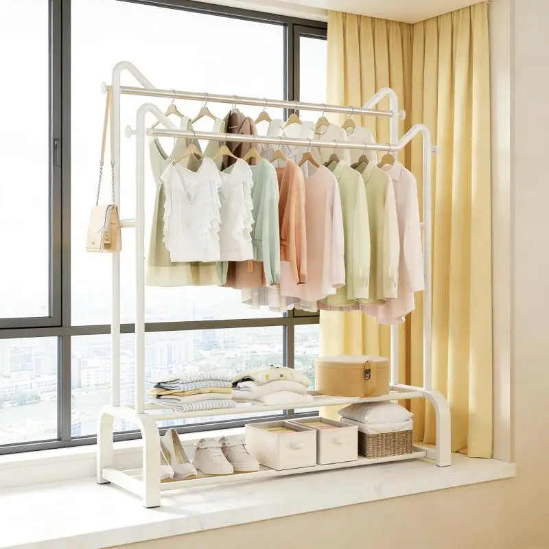floor-standing-balcony-clothes-drying-rack-children's-hanging-clothes-hanger-iron-material-double-rod-luxury-style-for-home-use