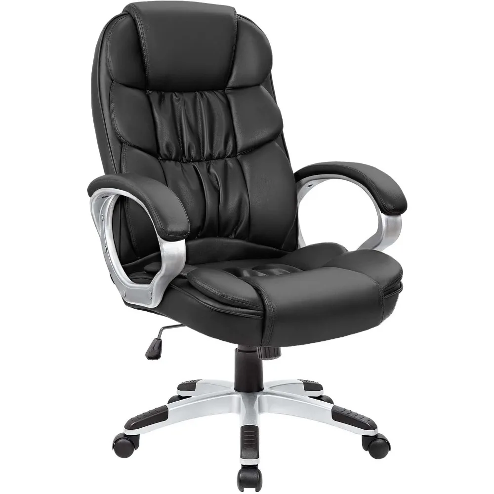 Office chair with high back, adjustable height, padded armrests, lumbar support, for computer desk use.