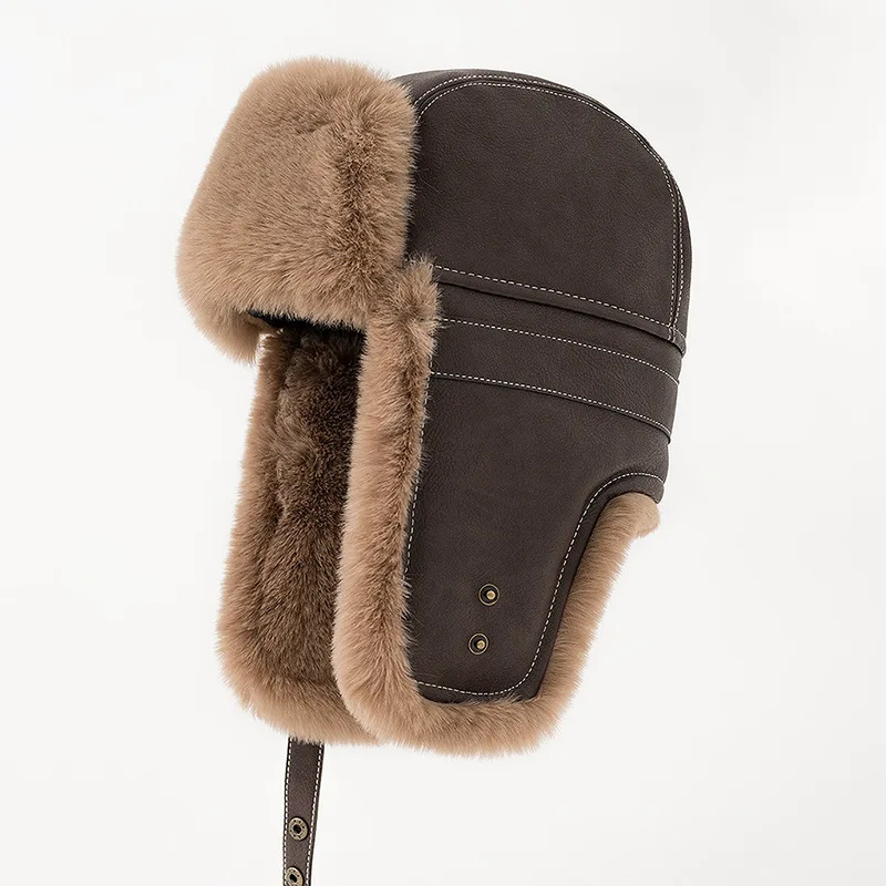 

Leather Plush Hat Men Winter Thick Warm Ear Protection Flight Hat Northeast Cold Hat Versatile Outdoor Cycling Cold Hat 4