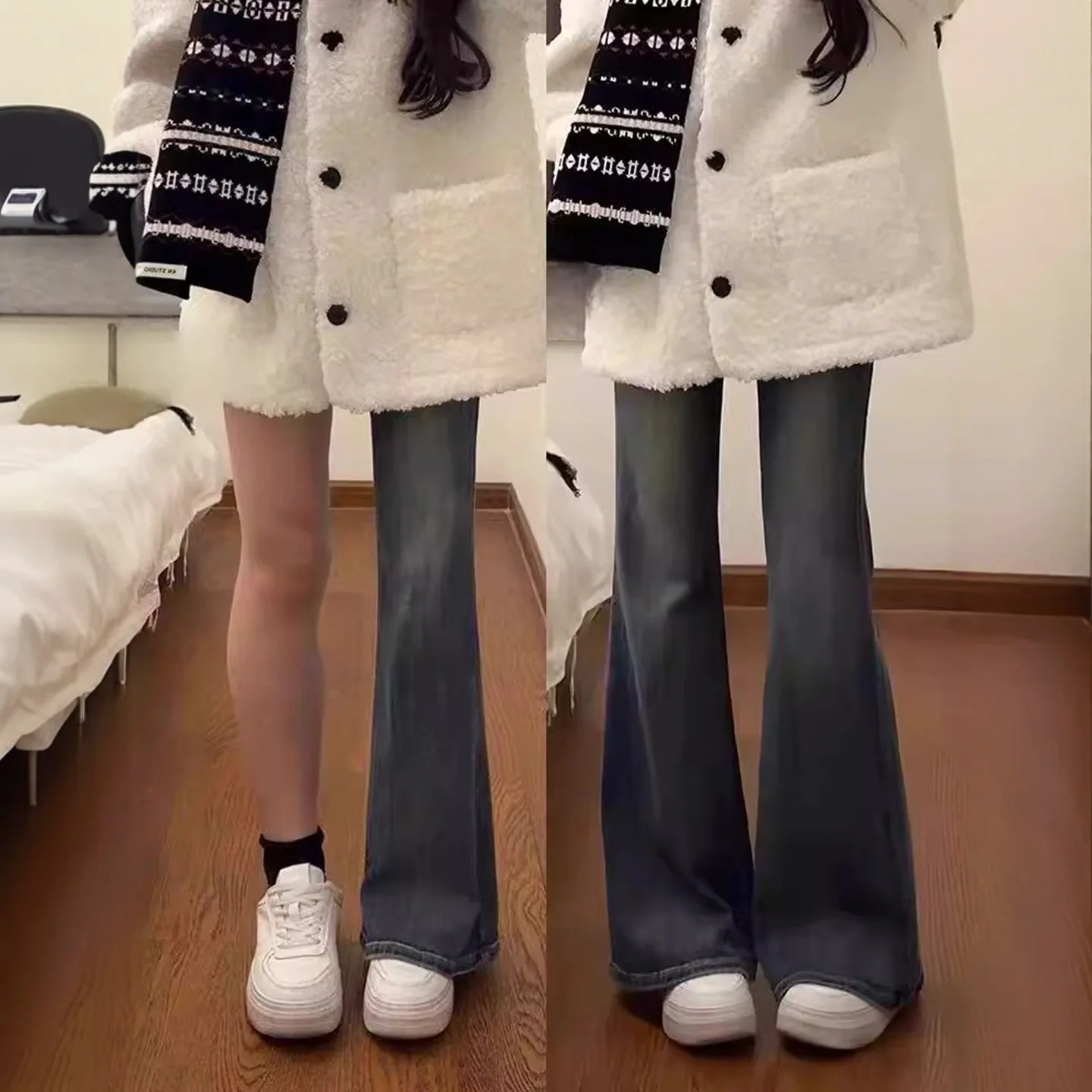 Black Slightly Pulled Jeans Women's Autumn And Winter Large Size Fat Mm High Waist Elastic Pants Extended Tall Flared Pants