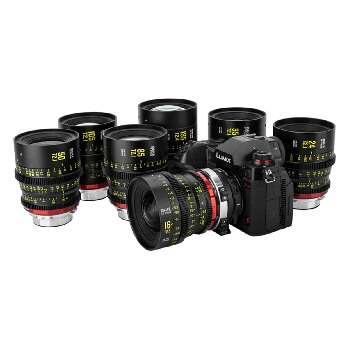 

Meike Prime 16mmt2.5/24/35/50/85/105mm T2.1/135mm T2.4Cine Lens for Full Frame Cinema Camera Systems