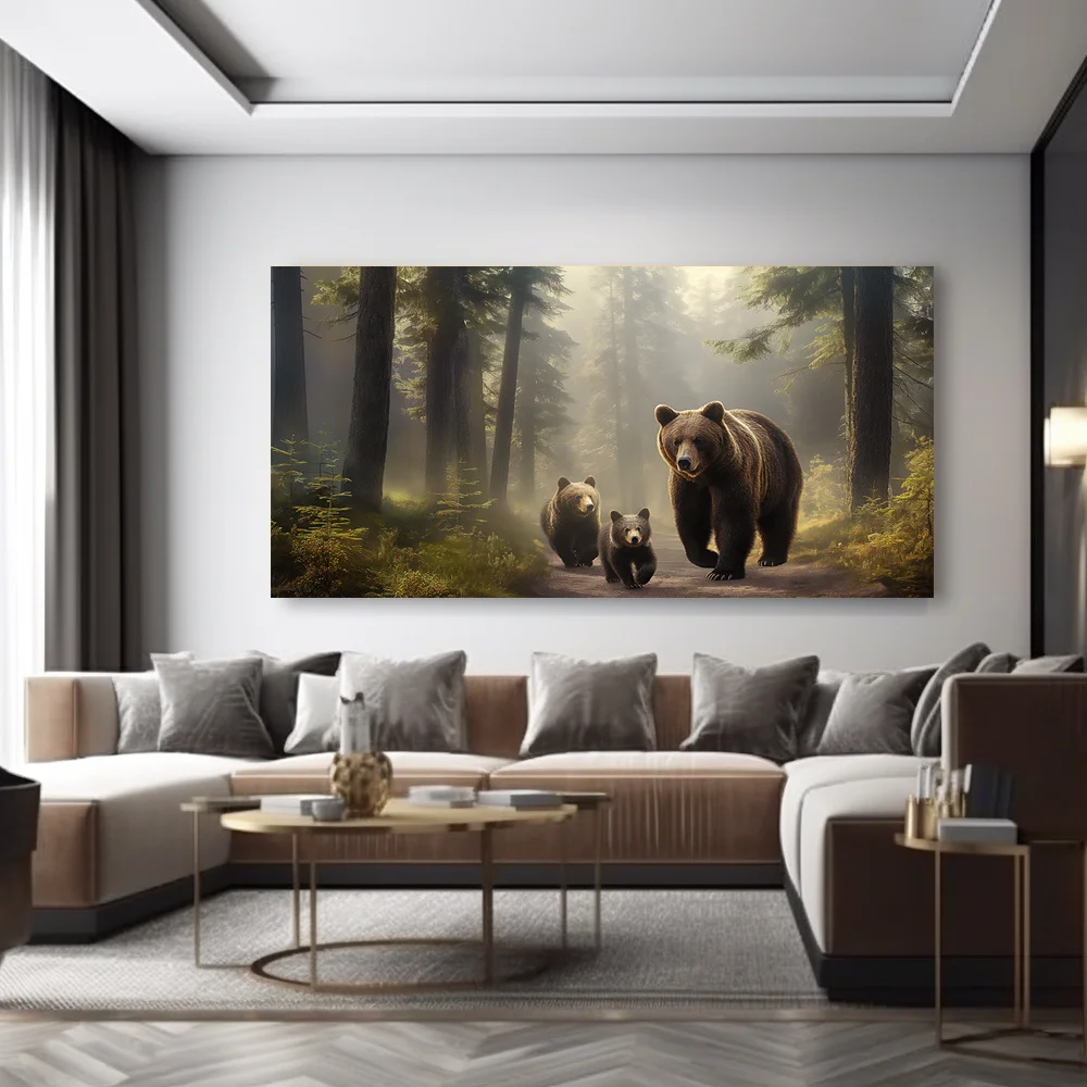 Large-sized frameless canvas paintings,Bear Family in Forest Poster Prints Black Bears Misty Forest Scene Canvas Painting Wall A