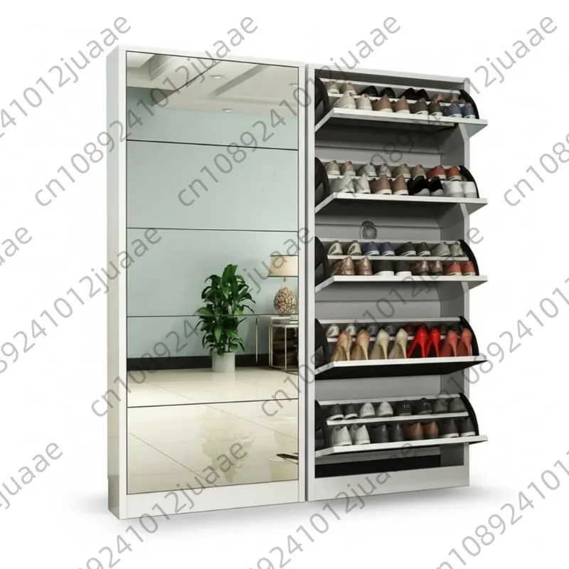 

Wooden Shoe Cabinet with Mirror, Rotating Door Shoe Rack Storage Organizer, 65*17*170cm, Modern Home Corridor Cabinet