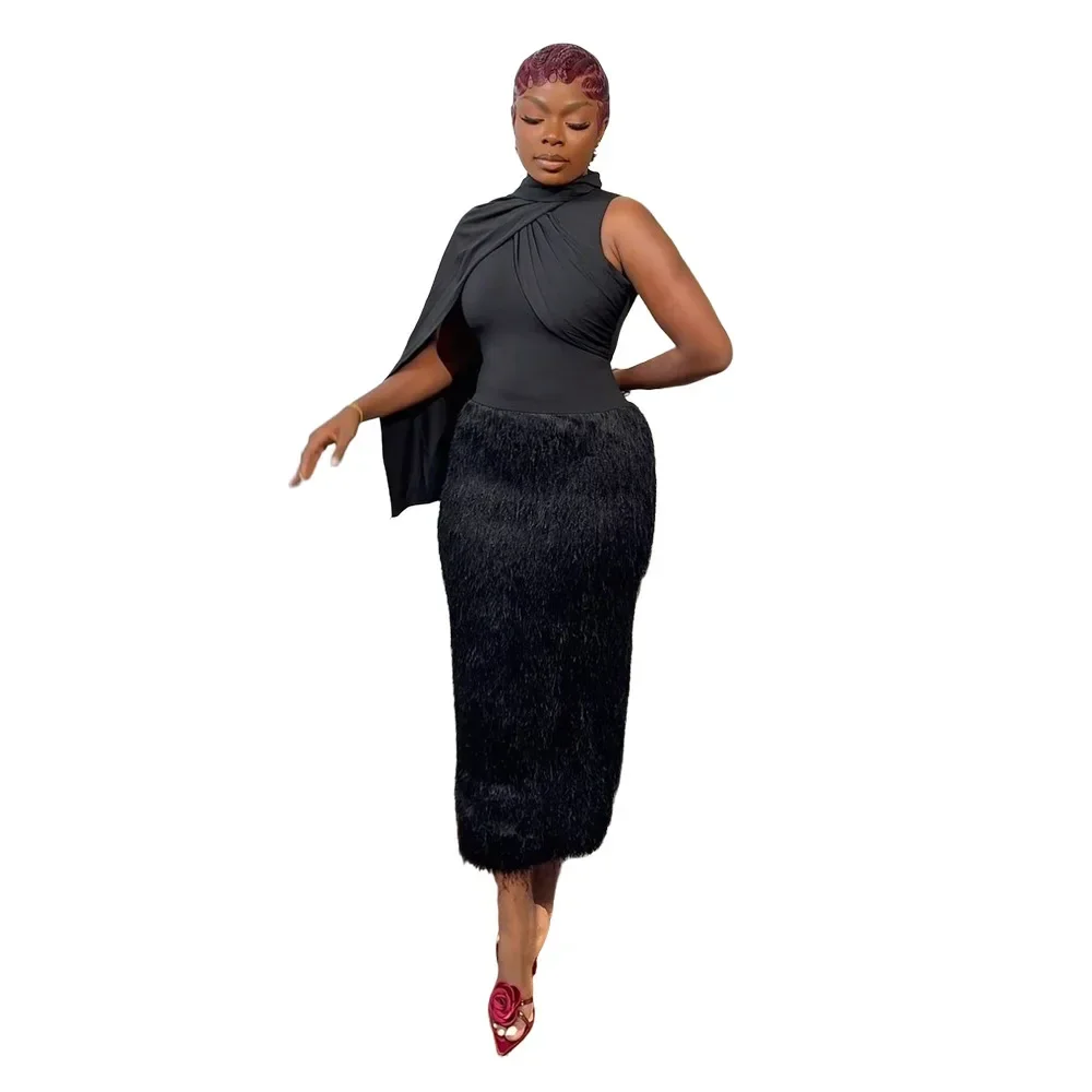 

Сексуальные меховые лоскутные облегающие длинные платья, женские однотонные платья без рукавов нестандартной формы, женская уличная одежда, Vestidos, новинка 2023 г.