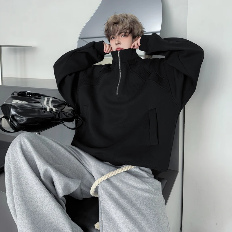 

American High Street Deconstructed Patchwork f Zipper Hoodie ex Oversize Sports Casual Top irt Breathable Polye...