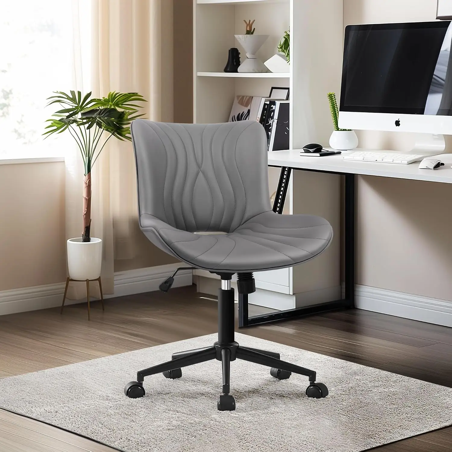 Armless Adjustable Desk Chair With Wheels Ergonomic 360° Swivel Faux Leather Padded Computer Task Vanity Chair, Customized