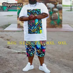 Biggmans (L-9Xl) Plus Size for Men's Clothing T-Shirt Set White Cartoon Print Sports Casual Short Sleeves Hip Hop Big and Tall