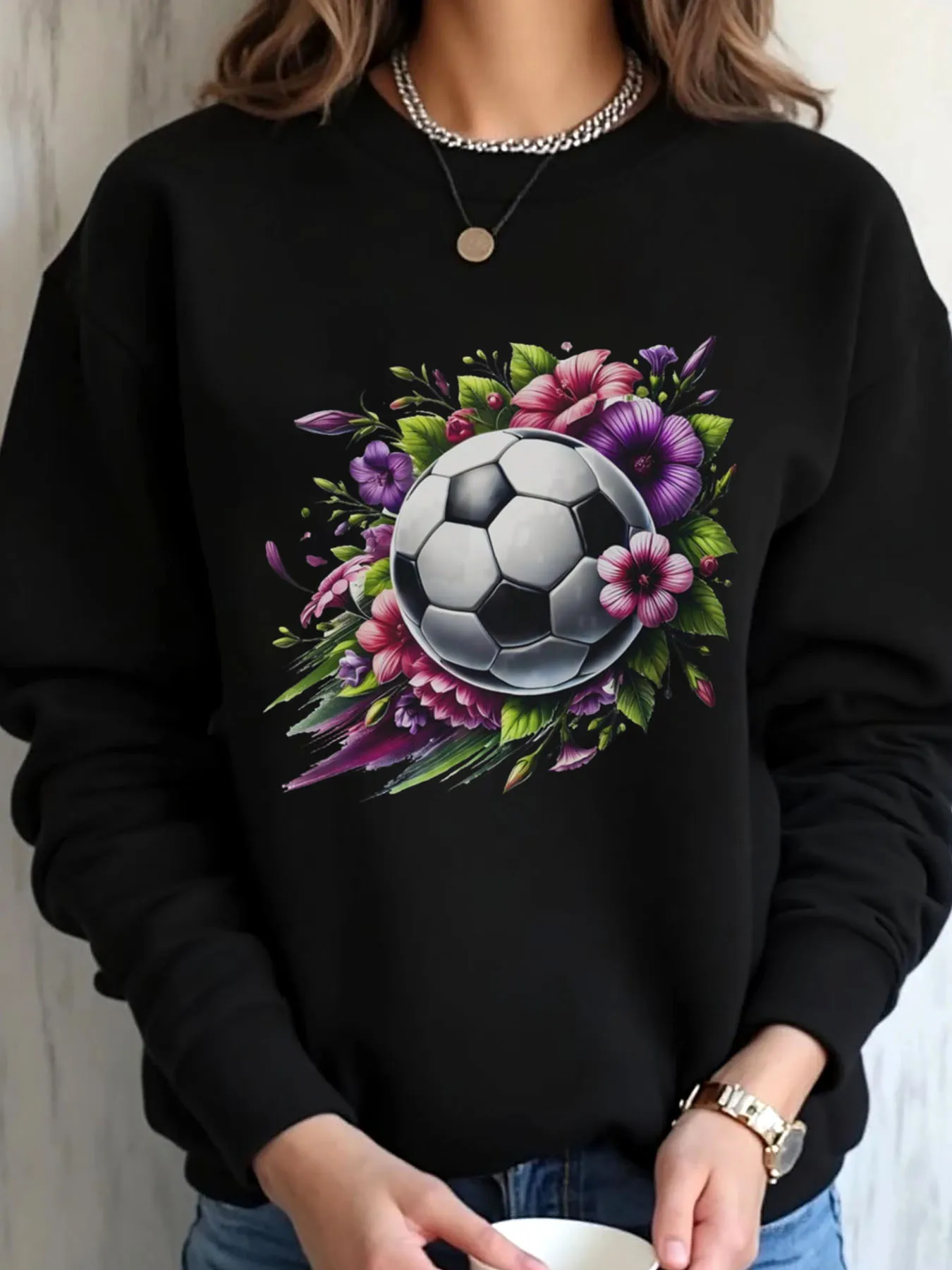 

Женская толстовка большого размера с весенним цветочным принтом футбольного мяча, верхняя одежда