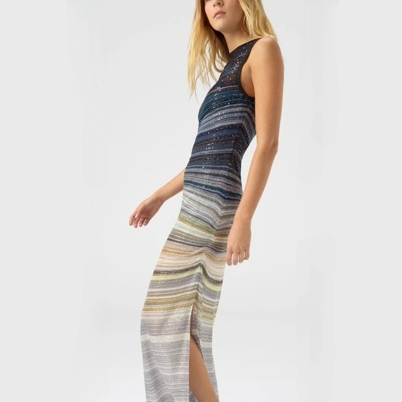 

Fold Women Sleeveless Gradient Striped Maxi Dress Slim Fit Shimmer Cocktail Party Wear Floor Length Bodycon Dress New Arrival