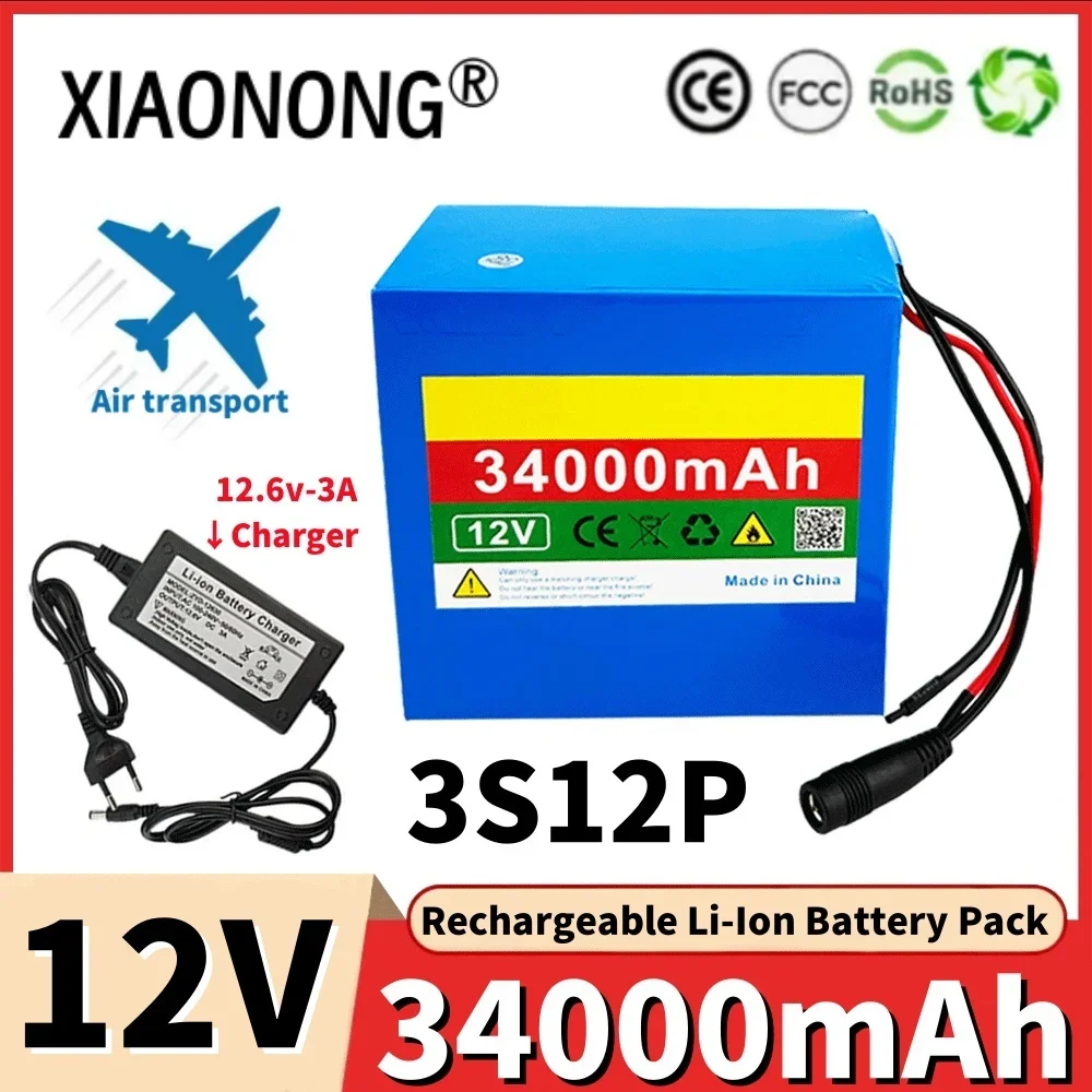 12V 3S12P Protection Plate12V 34Ah Battery Pack 12V 34000mAh 18650 Lithium-ion DC 12.6V Rechargeable Battery