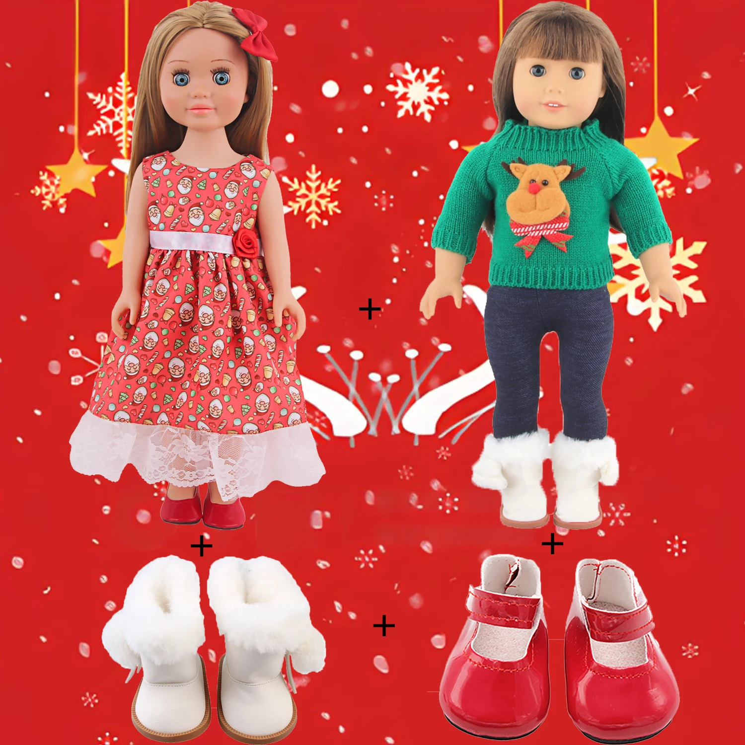 

18-inch American Christmas Doll Clothes Deer Sweater+Red Skirt+Boots+Shoes Clothing Outfit For 43cm Baby Newborn&OG Girl Dolls