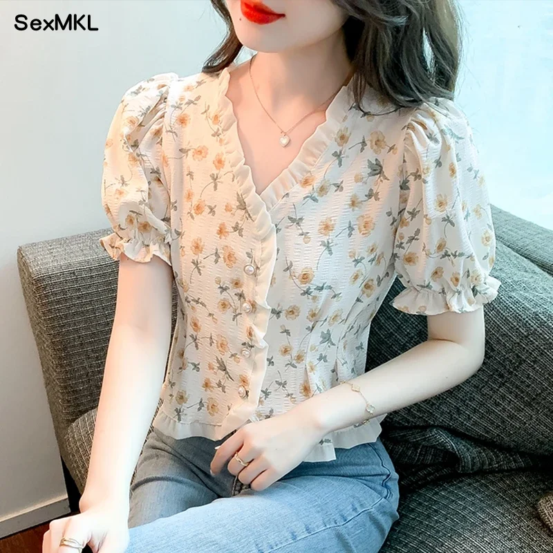 Summer Floral Chiffon Blouses Women 2024 Fashion V Neck Ruffles Casual Shirts Korean Style Slim Puff Sleeve Vintage Tops Mujer