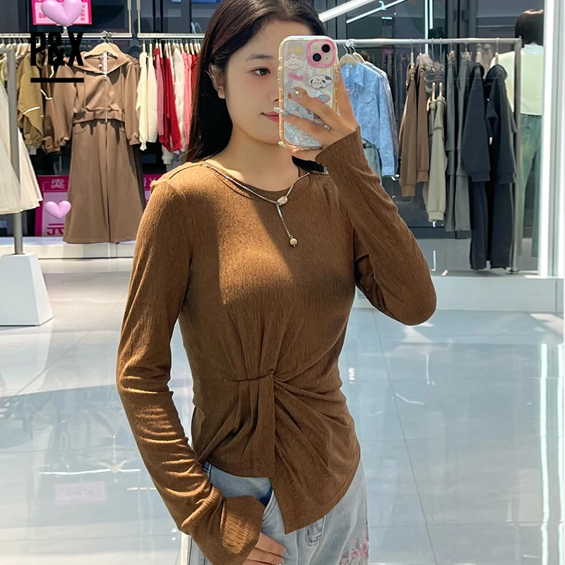 

Slim Fit Knitted Base irt Women's Long Sve Autumn Top Asymmetrical Waist Cinching T-irt Casual Classic Sle ort Length