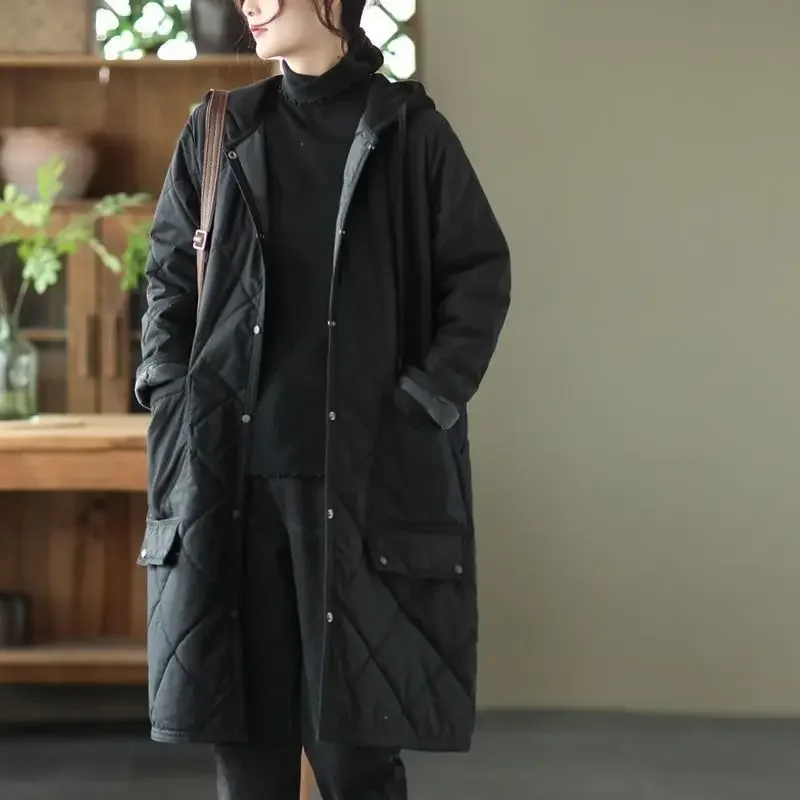 Diamond Grid Winter Clothes Woman Quilted Warm Hooded Designs Loose Casual  Mid-Length Coat Spliced Big Pockets Women's Parkas