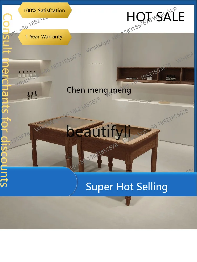D5556 Wood grain texture display four-legged middle island cabinet store display cabinet double-sided drawer glass cabinet