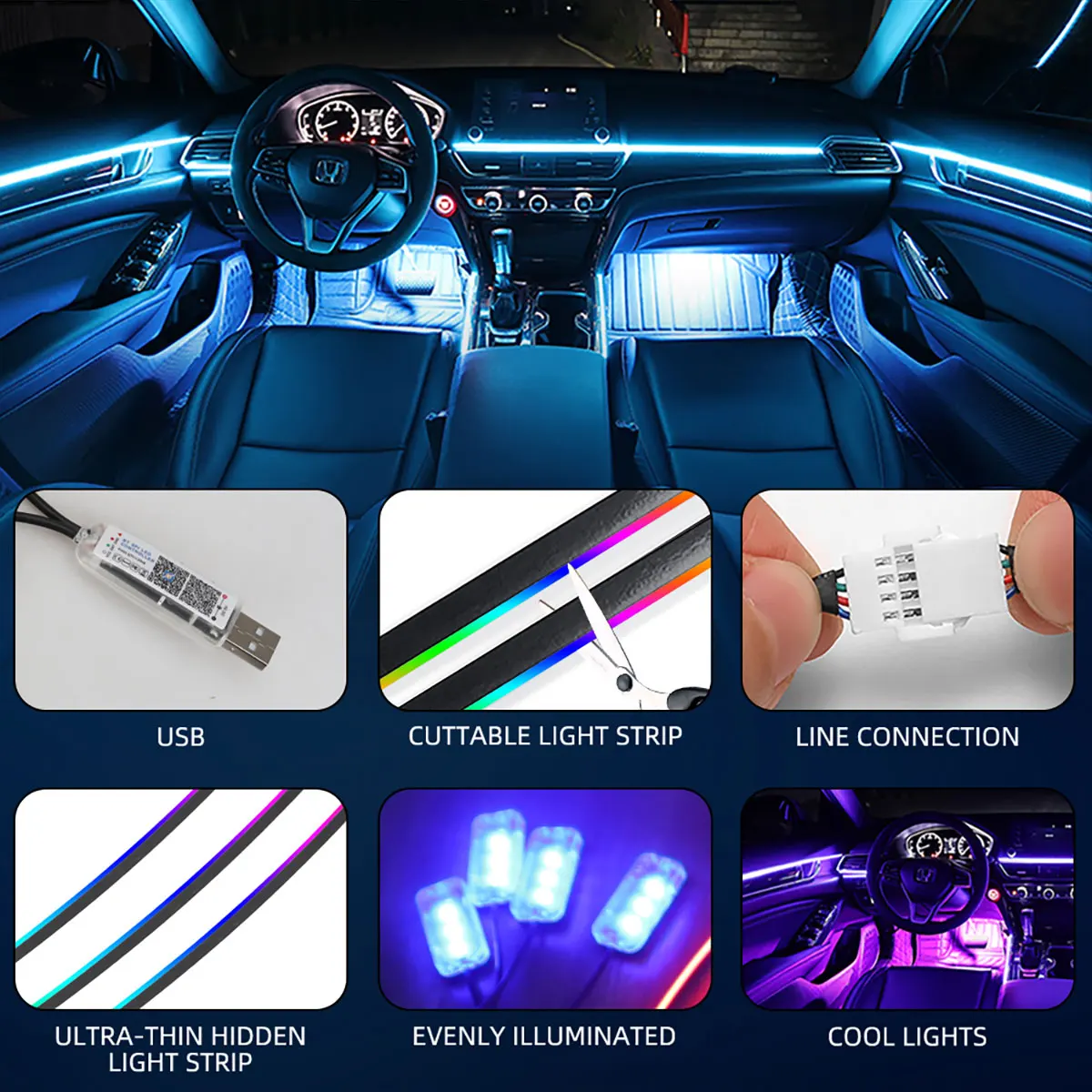 Luce ambientale per auto USB, luce ambientale colorata per il controllo degli interni dell'auto, luce decorativa scorrevole in acrilico a LED modificata