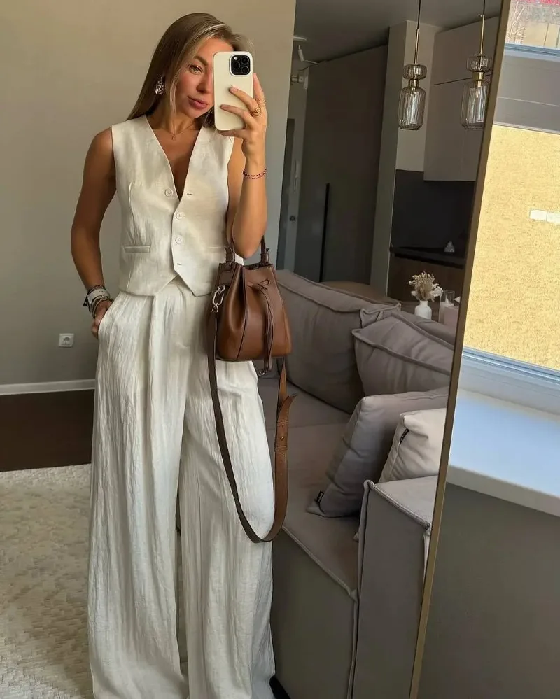 

2025 Women's Cotton Linen Vest Pant Set Breathable Sleeveless Deep V Neck Suit Loose Fit Casual Outfit For Commuting Daily Wear