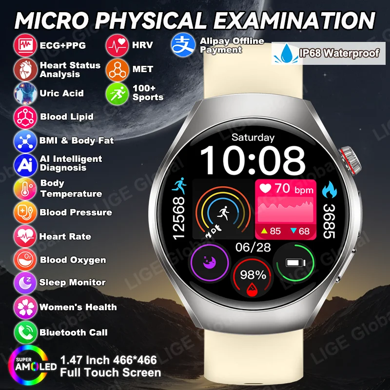 

LIGE 2026 New Accurate Body Health Analysis Smart Watch Men ECG Blood Lipids Uric Acid Blood Pressure Body Fat Call Smartwatch
