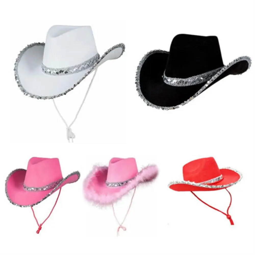 Sombrero de vaquero con corona de lentejuelas para mujer, gorros de despedida de soltera, Cosplay de vaquero