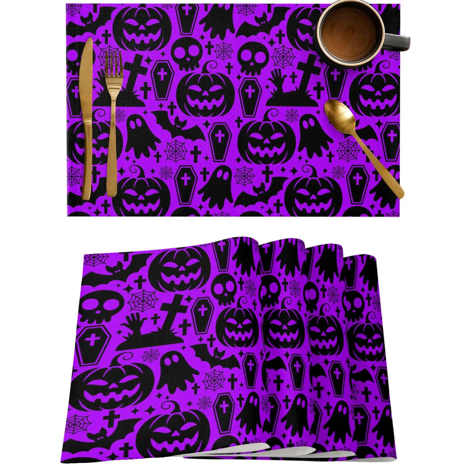 

4/6 Pcs Purple Pumpkin Skull Tombstone Placemat Wedding Party Dining Decor Linen Table Mat Kitchen Accessories