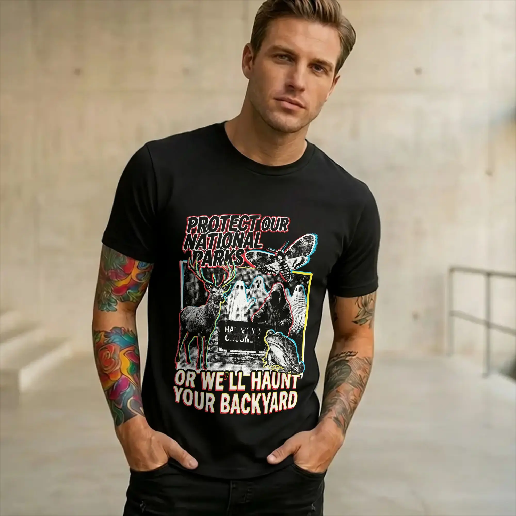 Men Women Graphic Printed Protect Our National Parks or We'll Haunt Your Backyard  T Shirt Tee 100% Cotton  T-shirts Clothing