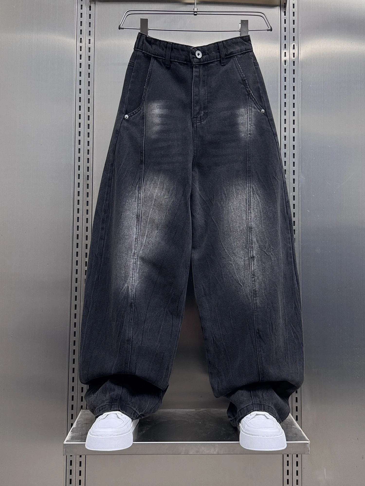 

Retro American High Street Loose Straight Leg Bla Jeans Men's Autumn Wide Leg Pants Floor-Length Men's Sle Casual Jeans