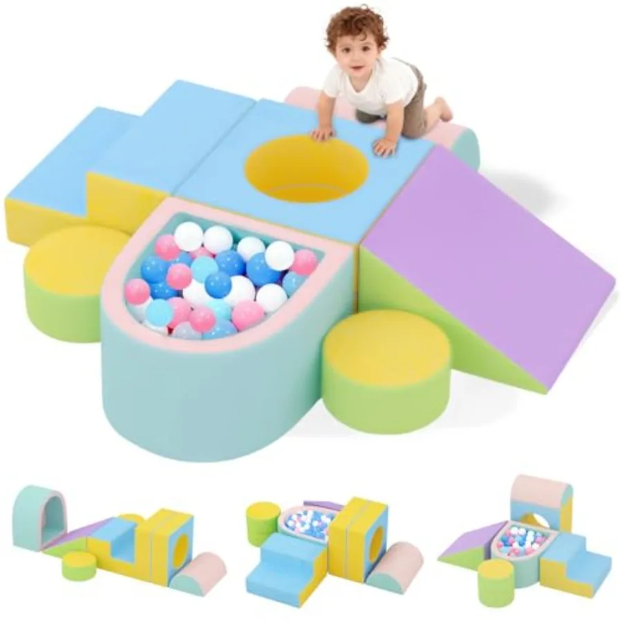 

Toddler Climbing Toys Indoor 6-Piece Baby Foam Climbing Blocks with Ball Pit Colourful Soft Play Set for Toddlers 1-3 Y