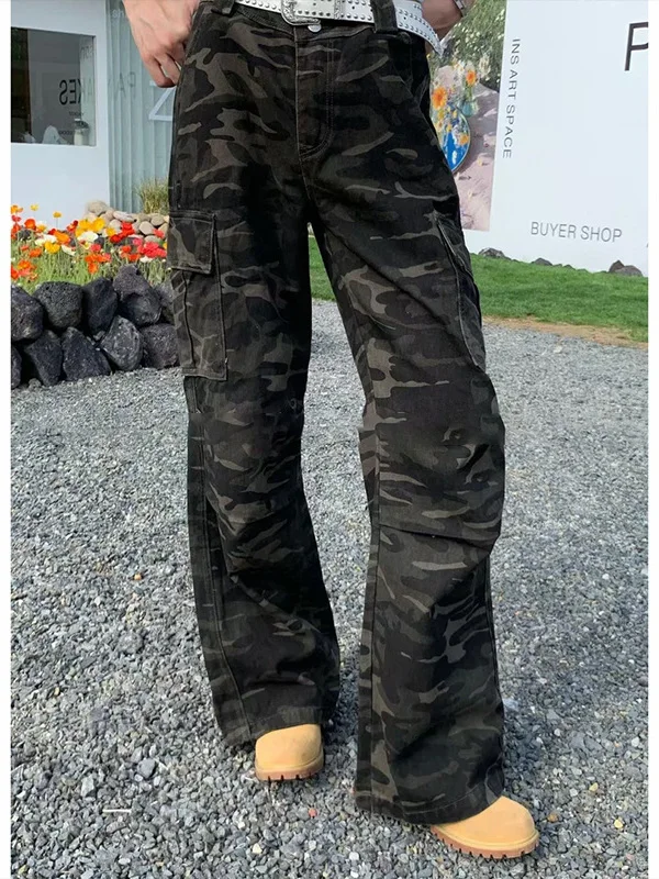 Retro Washed American High Street Men's Camouflage Work Pants Large Pocket Thin Wide Leg Summer Casual Trousers