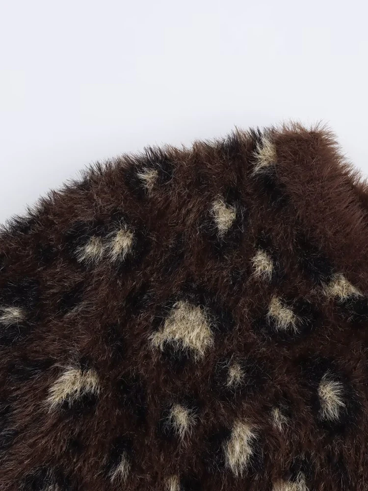 Brown leopard print plush short bow thick mink fleece sweater knitted cardigan coat for women winter