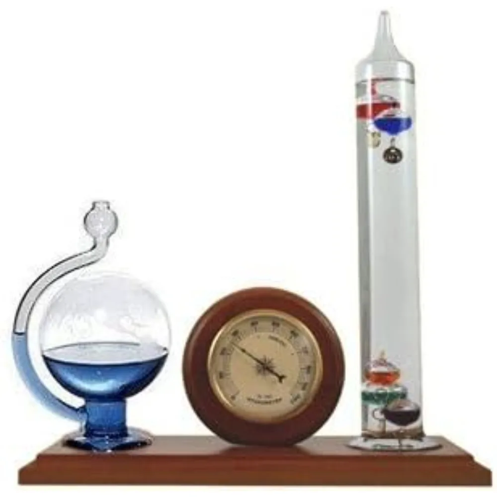 

Galileo Thermometer Hygrometer Glass Fluid Barometer Weather Station with Wooden Base