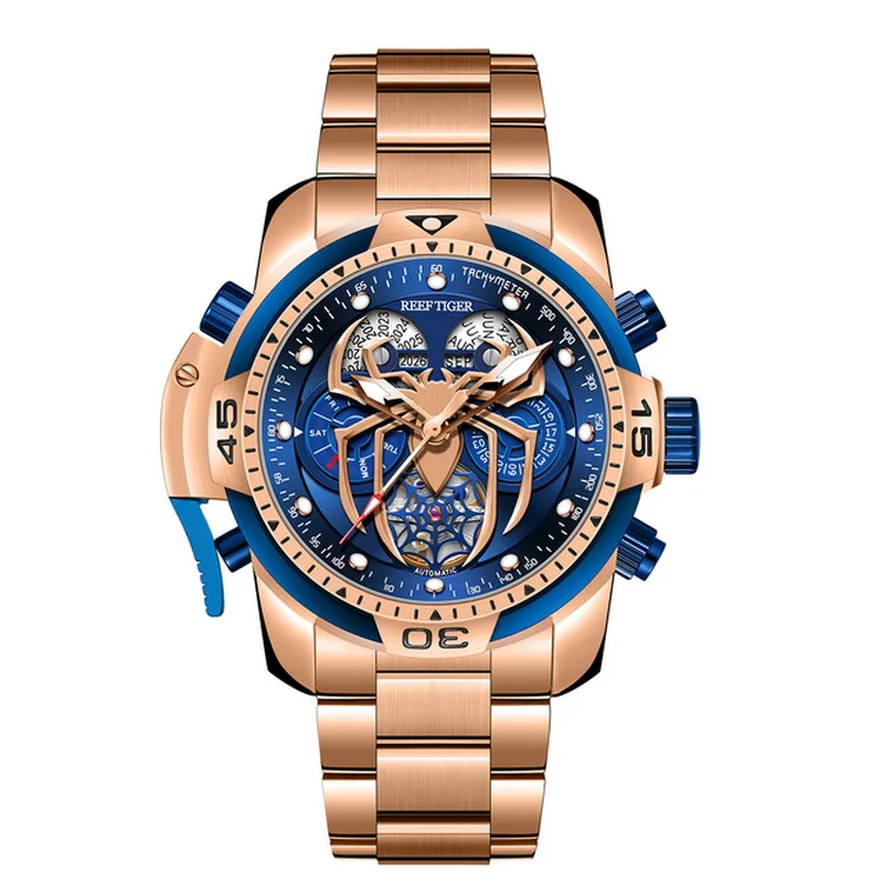Reef Tiger Men Automatic Watch 46mm Mechanical Wrsitwatch 100M Waterproof Luminous Sapphire Perpetual Calendar Year Month Week