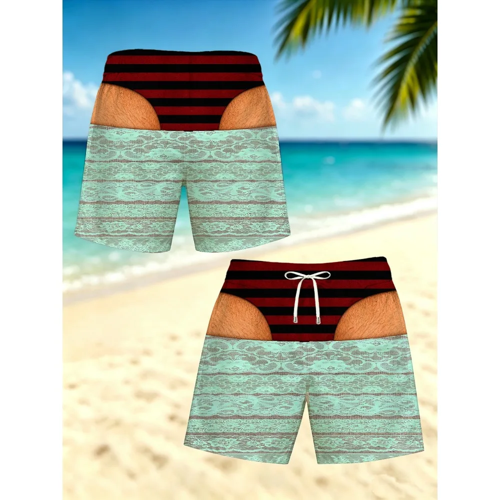 Novelty Prank Men's Board Shorts Red Black Stripe Fake Underwear Design Lace Pattern Print Summer Beach Party Swimwear