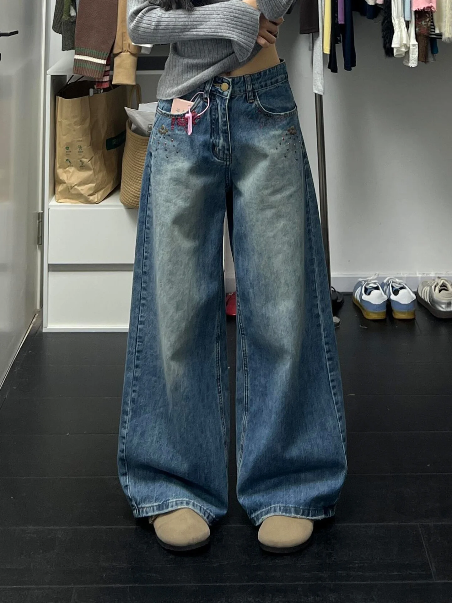 Retro bestickte Messer-Jeans mit weitem Bein für Damen, lockere Passform, Winter, neue Sle Pear Aped Body, hohe Taille, Denim-Hose
