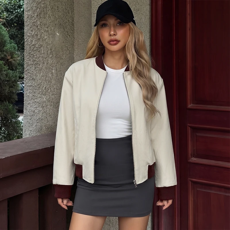 2026 Autumn/Winter New Style Loose-Fitting Zippered Pockets Standing Collar Contrasting Color Coat for Ladies Jacket