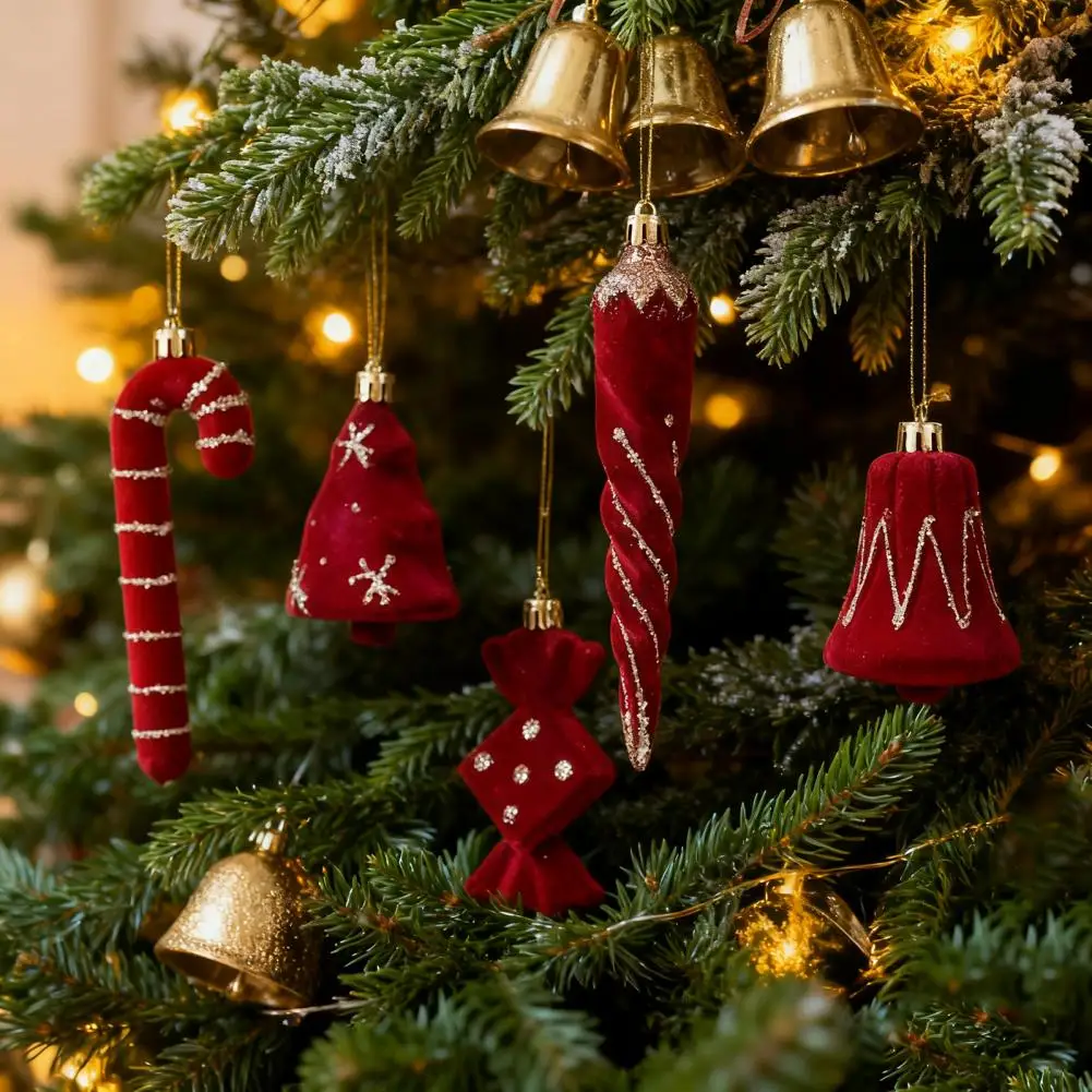 2 Pcs Velvet Christmas Ornaments Glitter Sequins Flocked Bell/Candy Cane/Ice Isicle Hanging Decoration For Xmas Tree Party Decor
