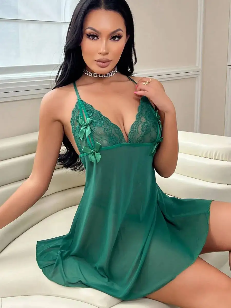 Elegant Green Lace Detailing Strappy Mini Dress Chic Bow Fit Soft Fabric Stylish Fashion Summer Night Out Wear For Woman 1Z09